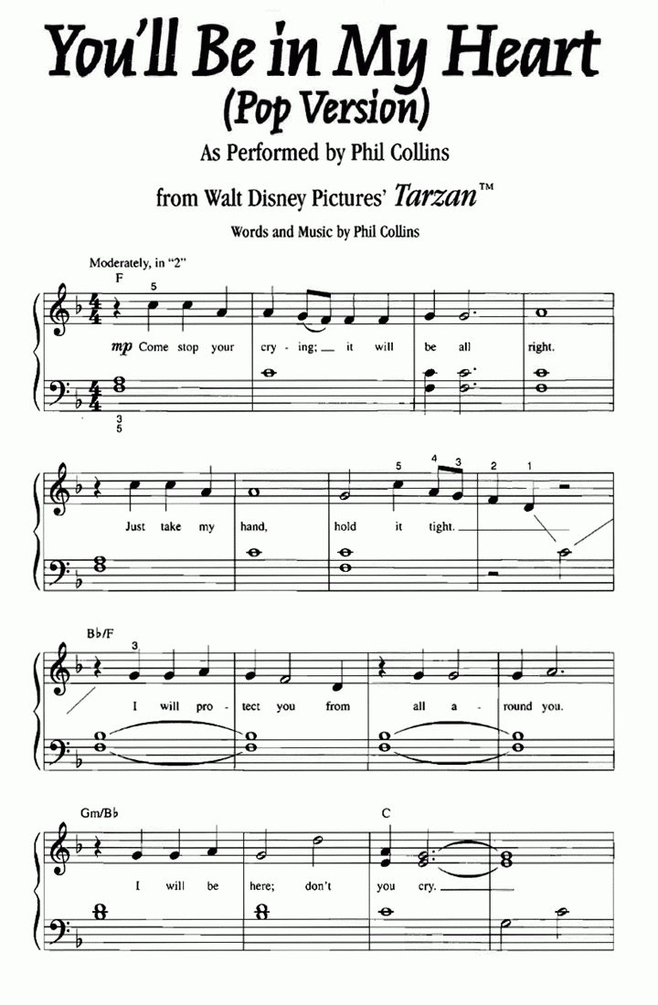 Tarzan You&amp;#039;Ll Be In My Heart Easy Piano Sheet Music | Easy Sheet Music in Easy Sheet Music For Piano Free Printable