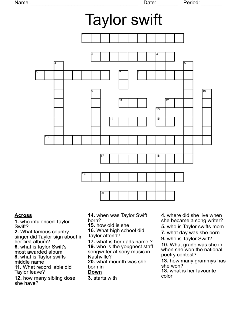 Taylor Swift Crossword - Wordmint with Taylor Swift Crossword Printable