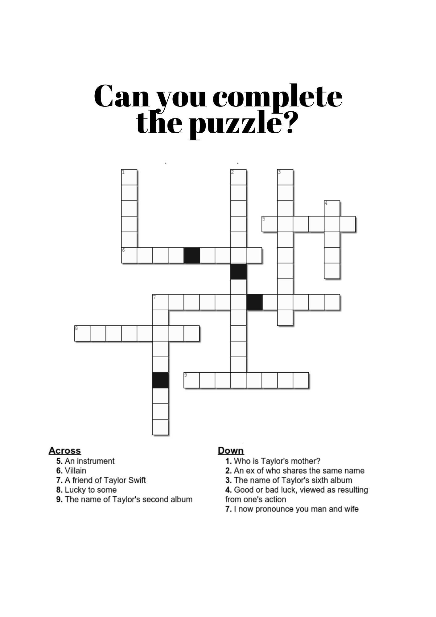 Taylor Swift Crosswords — Weeno Social | Party Planning Made Easy pertaining to Taylor Swift Crossword Printable