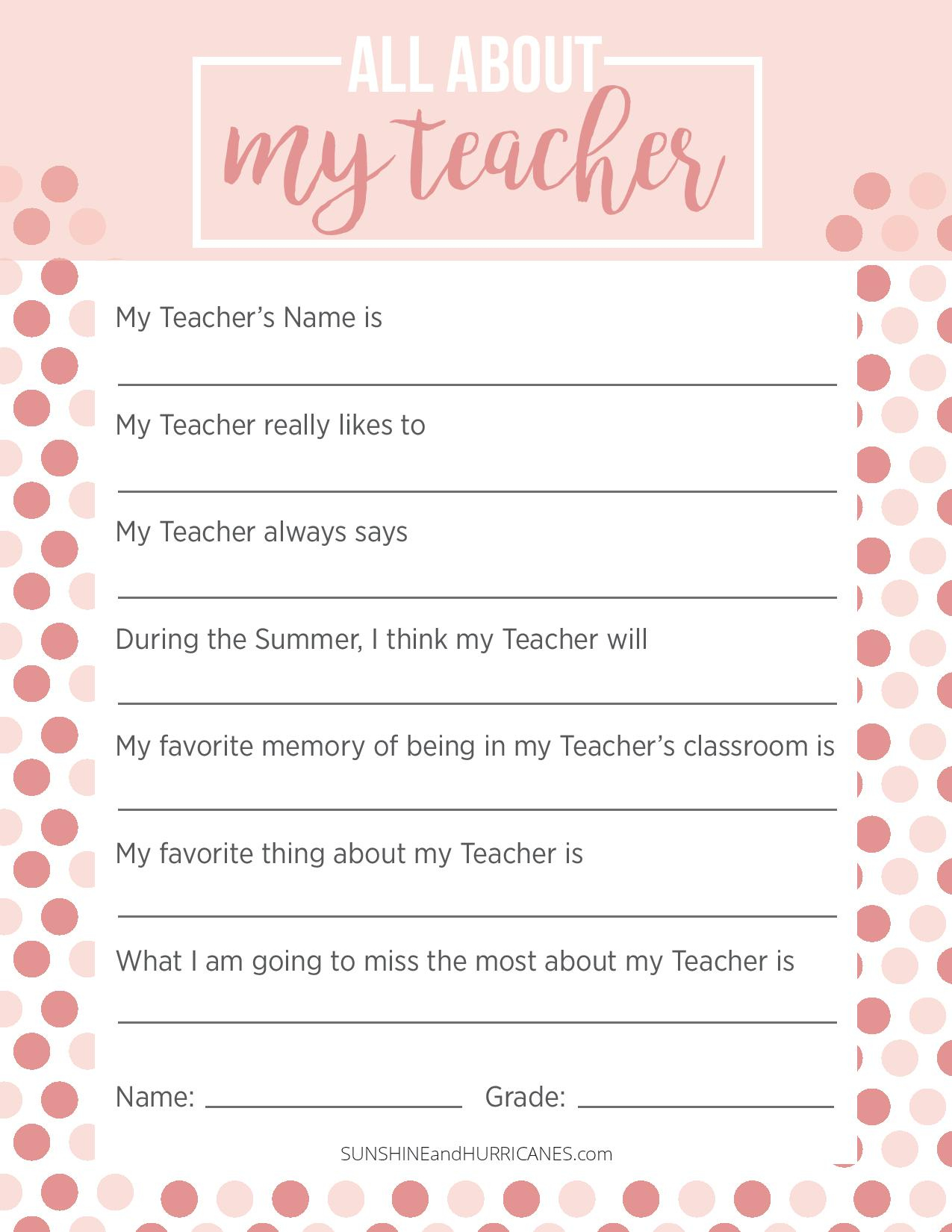 Teacher Appreciation Week Questionnaire - A Personalized Teacher Gift inside Free Printable Teacher Appreciation Questionnaire