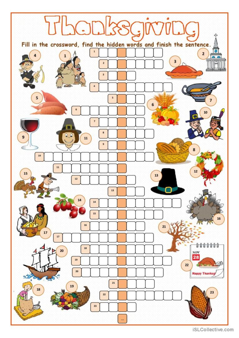 Thanksgiving Crossword Puzzl…: English Esl Worksheets Pdf &amp;amp; Doc with regard to Thanksgiving Crossword Puzzles Printable For Adults
