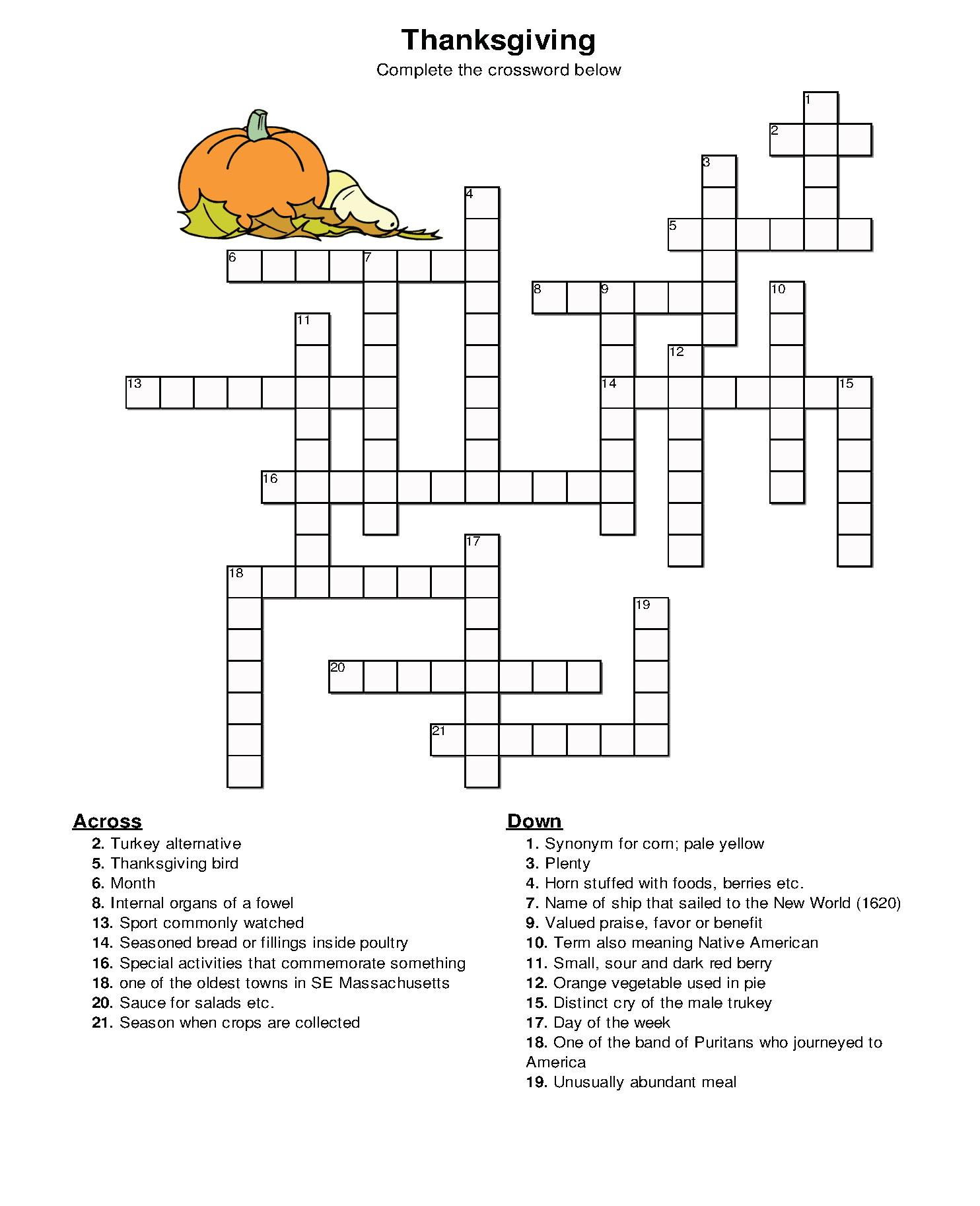 Thanksgiving Crossword Puzzle - Best Coloring Pages For Kids intended for Free Printable Thanksgiving Crossword