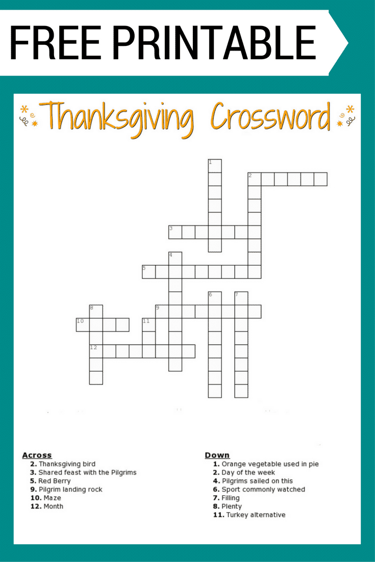 Thanksgiving Crossword Puzzle Free Printable For Kids Or Adults intended for Thanksgiving Crossword Puzzle Free Printable