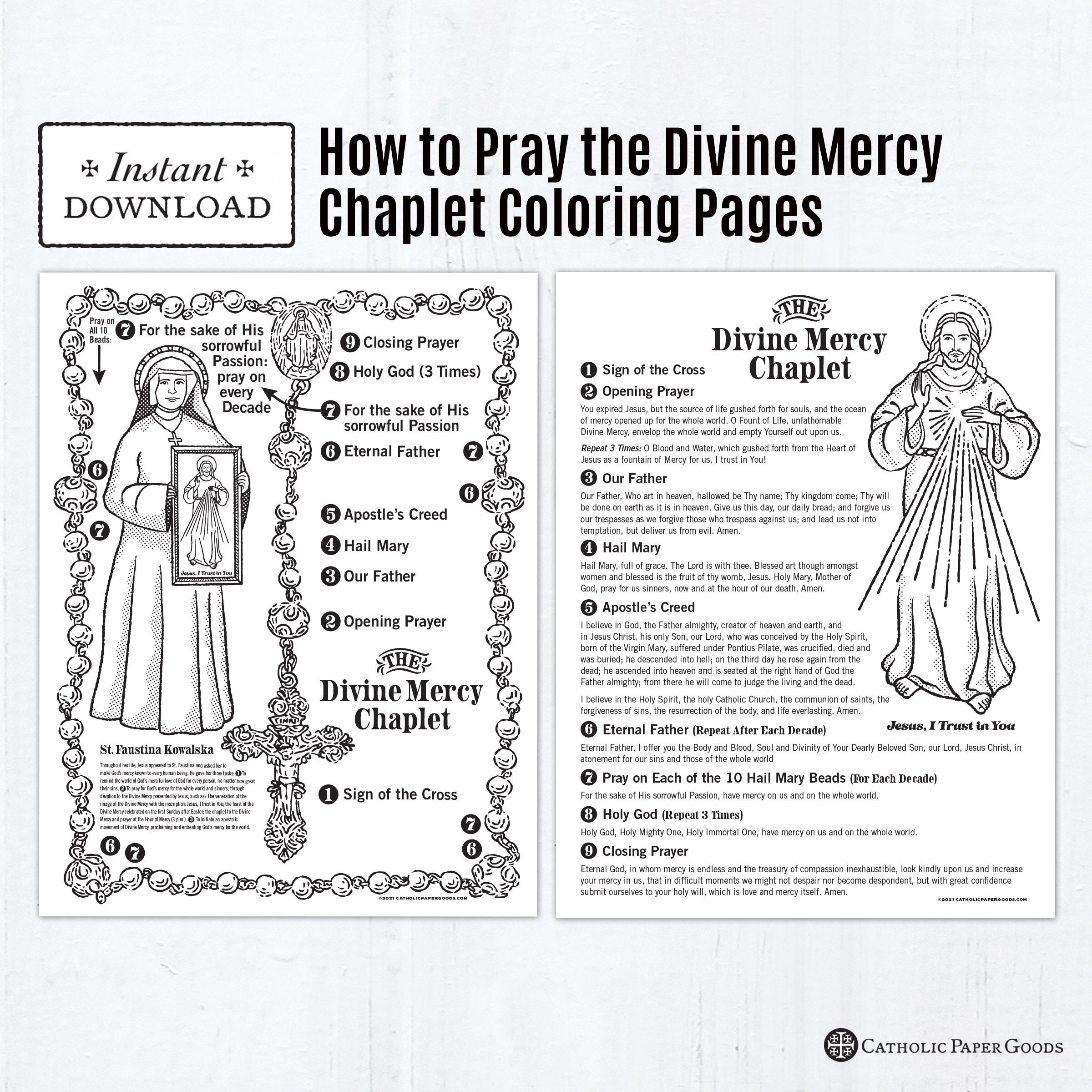 The Divine Mercy Chaplet Catholic Coloring Pages, Catholic Prayers, 2 Printable Coloring Pages, Digital Pdf regarding Printable Divine Mercy Prayer Card