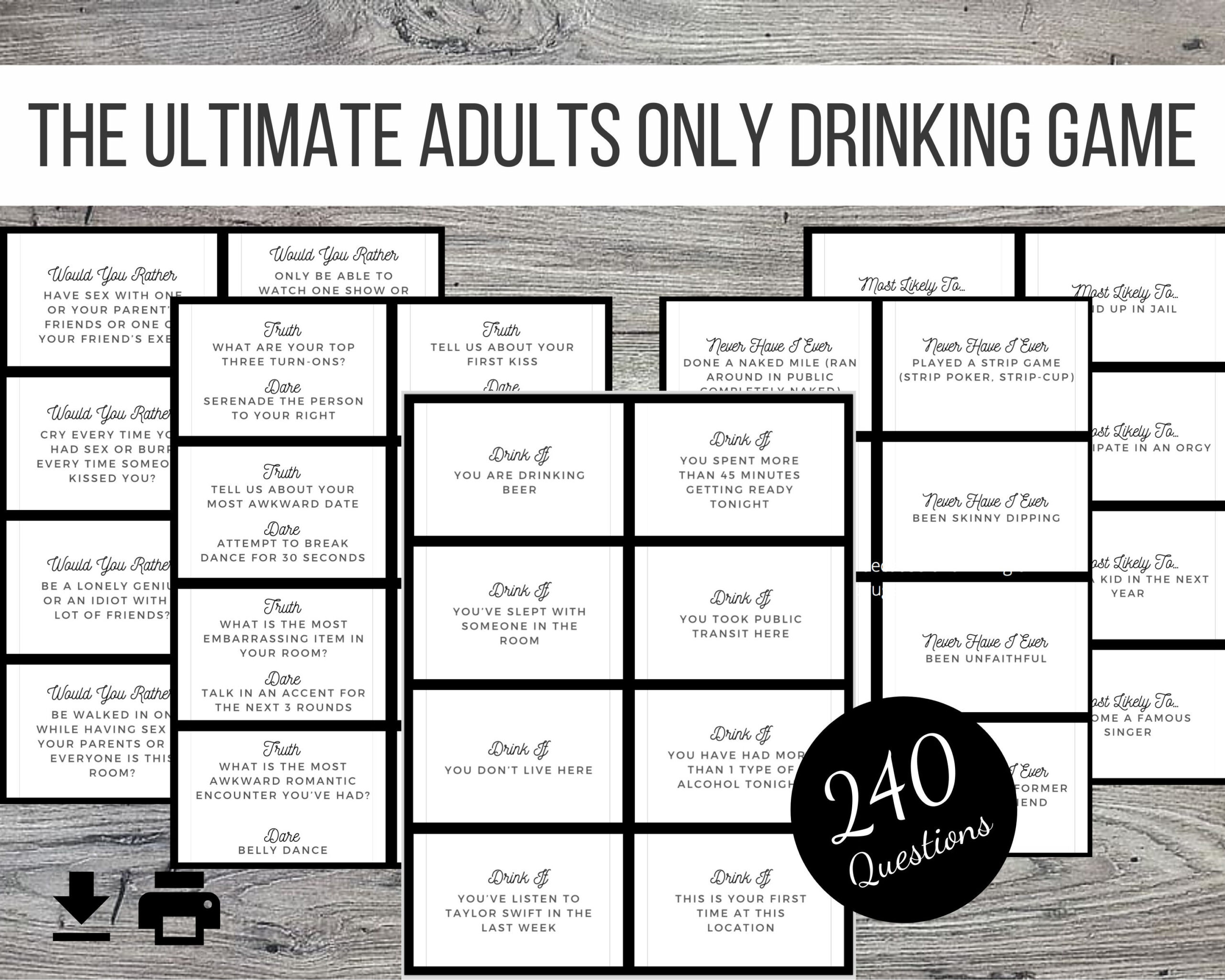 The Ultimate Adults Only Printable Drinking And Party Game, 240 Question Cards in Printable Drinking Card Games