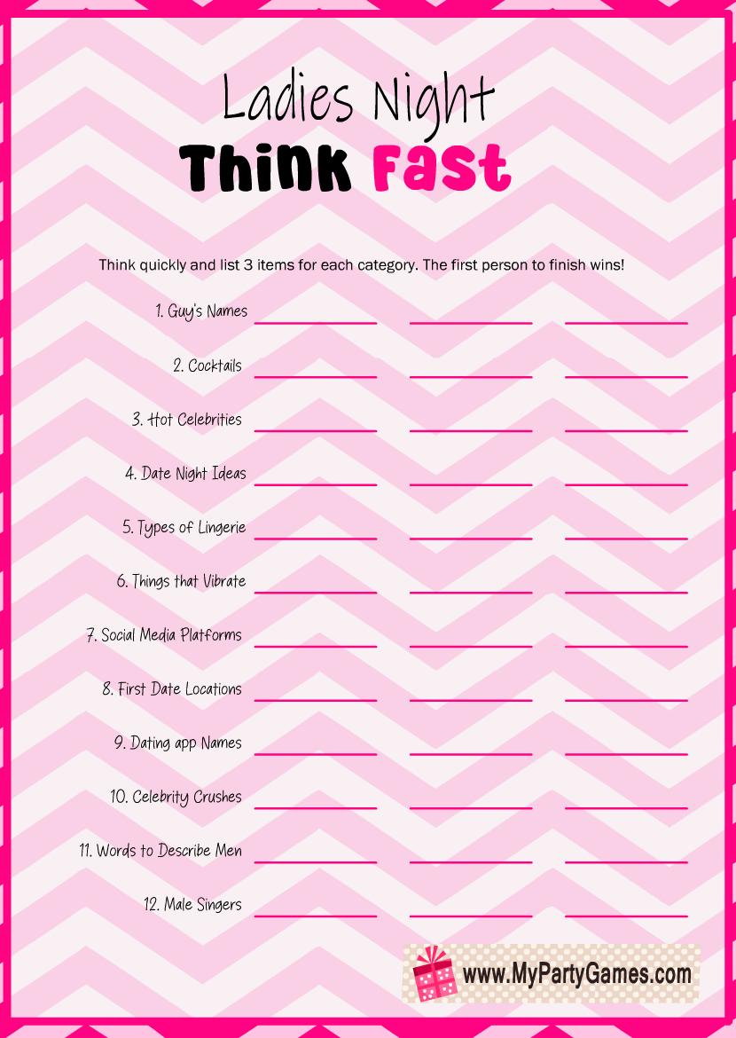 Think Fast, Free Printable Ladies&amp;#039; Night Game with Ladies Night Printable Games