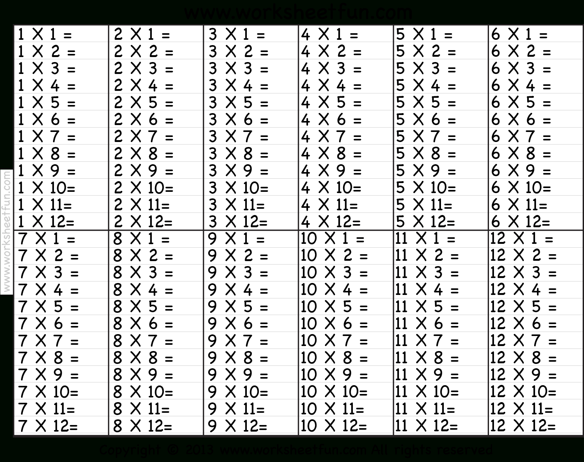 Times Table – 2-12 Worksheets – 1, 2, 3, 4, 5, 6, 7, 8, 9, 10, 11 with regard to Free Printable Times Tables Worksheets 1 12