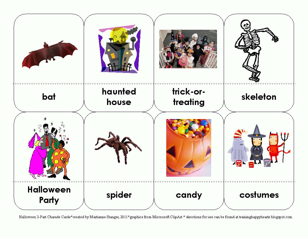 Training Happy Hearts: Halloween 3-Part Charades Cards Free Printable with regard to Free Printable Charades Cards With Pictures