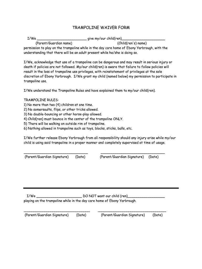 Trampoline Waiver Form For Home Use: Fill Out &amp; Sign Online | Dochub within Homeowner Free Printable Trampoline Waiver Form