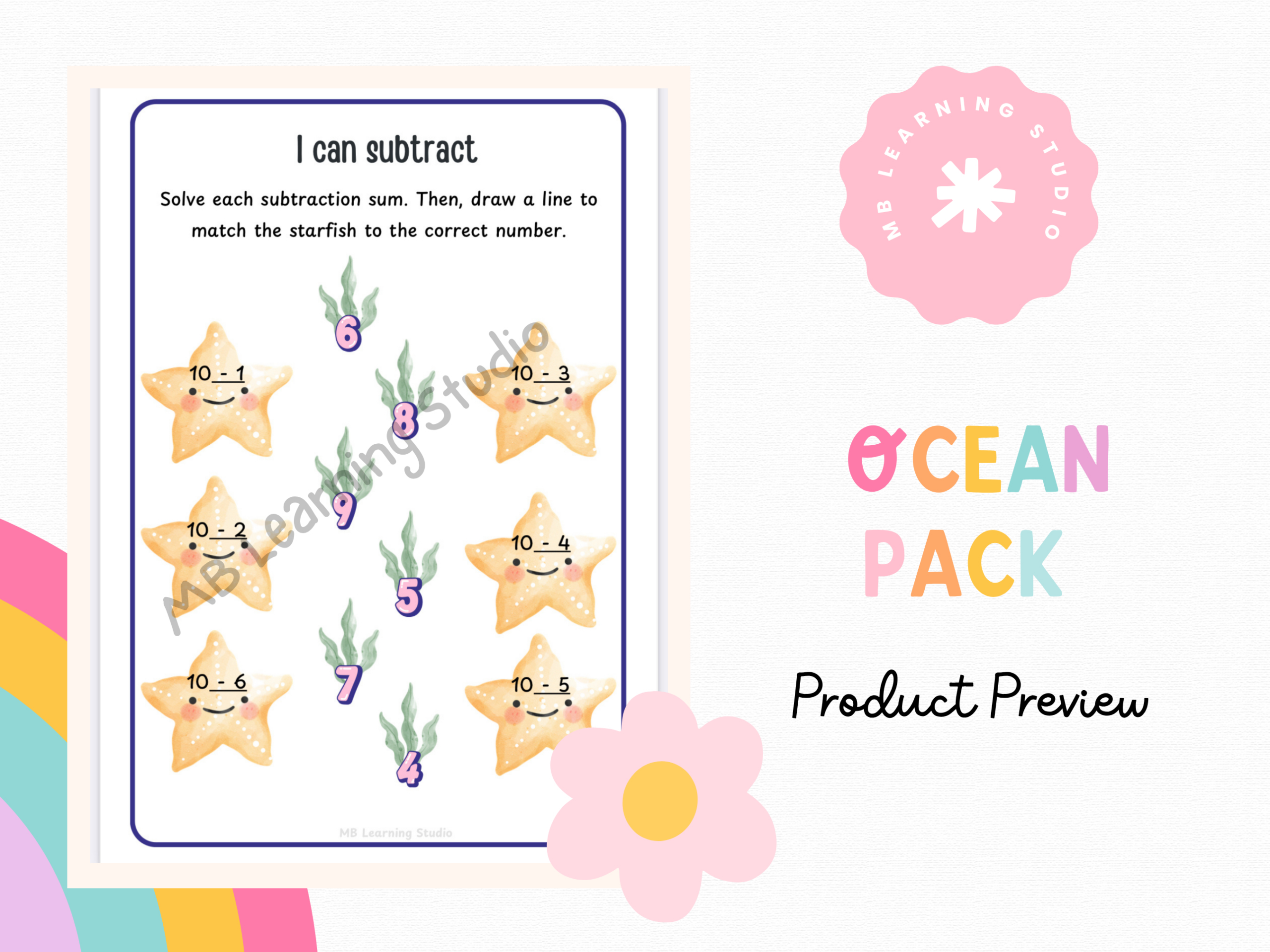 Under The Sea Subtraction Within 10 | Starfish Matching Activity regarding Starfish Subtraction Worksheet Printable