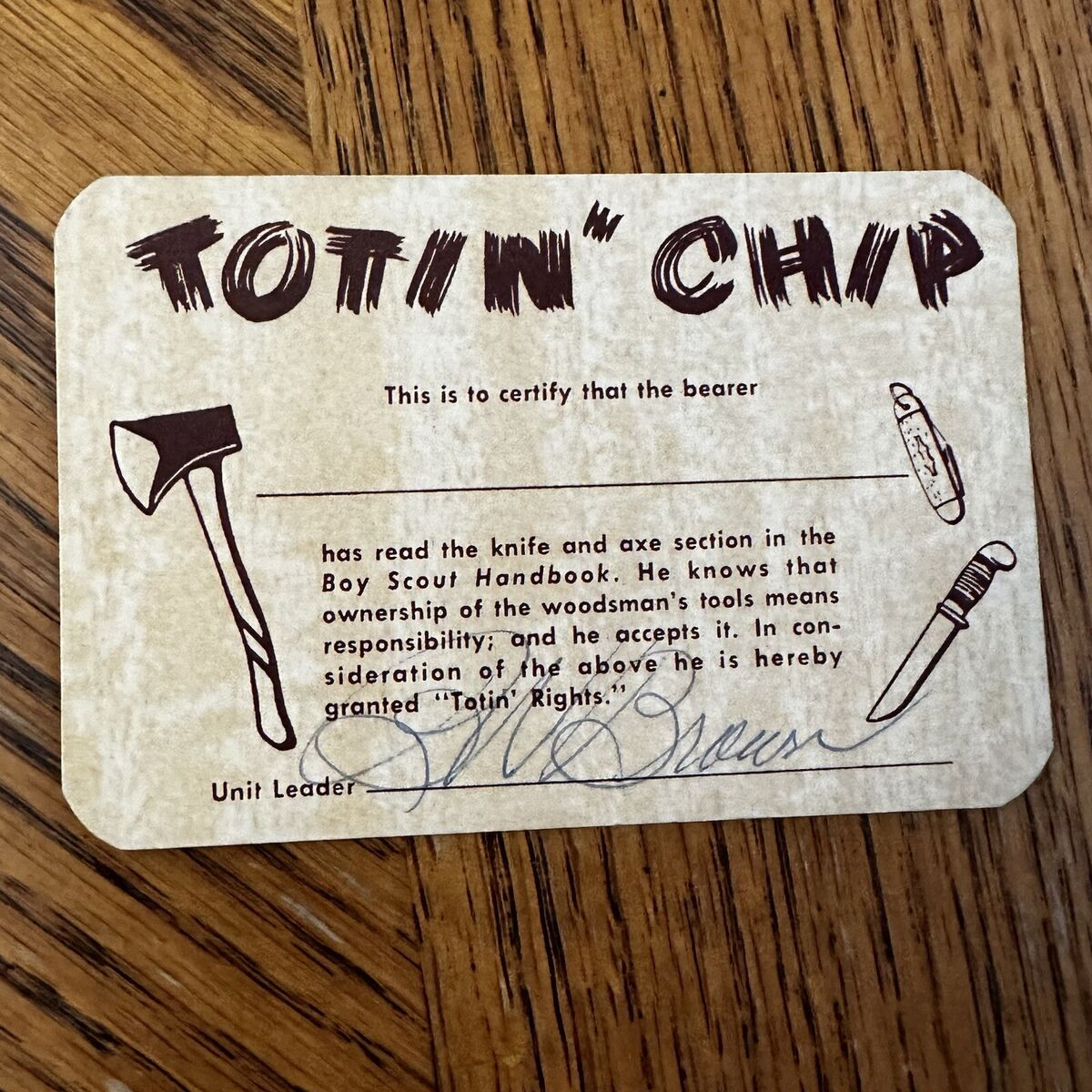 Unissued 1950S Totin&amp;#039; Chip Card Signedscoutmaster Boy Scouts Carving Vtg regarding Printable Totin Chip Card