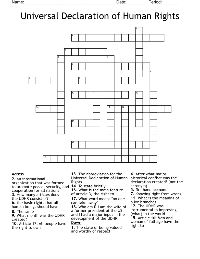 Universal Declaration Of Human Rights Crossword - Wordmint pertaining to Universal Crosswords Printable