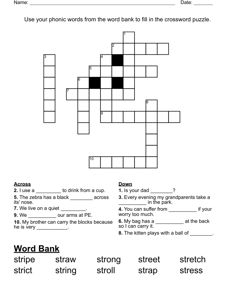 Use Your Phonic Words From The Word Bank To Fill In The Crossword in Printable Crossword Puzzles With Word Bank