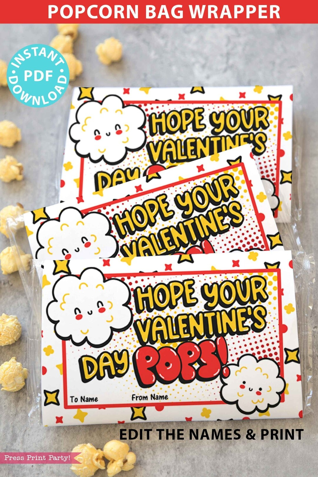 Valentine Popcorn Wrap Printable Personalized Popcorn Bags Kids in Free Printable Valentine Popcorn Wrappers