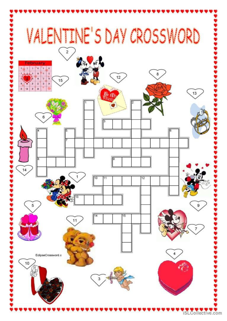 Valentine&amp;#039; S Day Crossword+ Ke…: English Esl Worksheets Pdf &amp;amp; Doc regarding Valentine&amp;amp;#039;s Day Crossword Printable