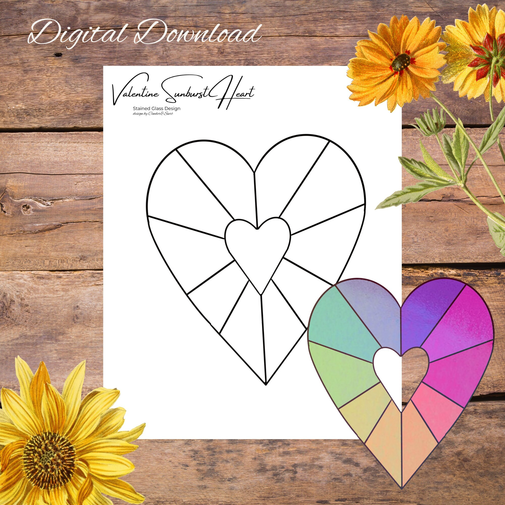 Valentine Starburst Heart, Stained Glass Pattern, Digital Stained in Printable Stained Glass Heart Patterns