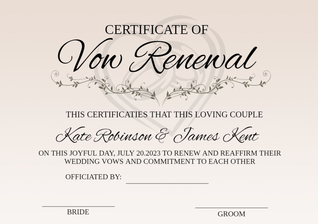 Vow Renewal Certificate Editable Printable Wedding Certificate for Free Printable Vow Renewal Certificate