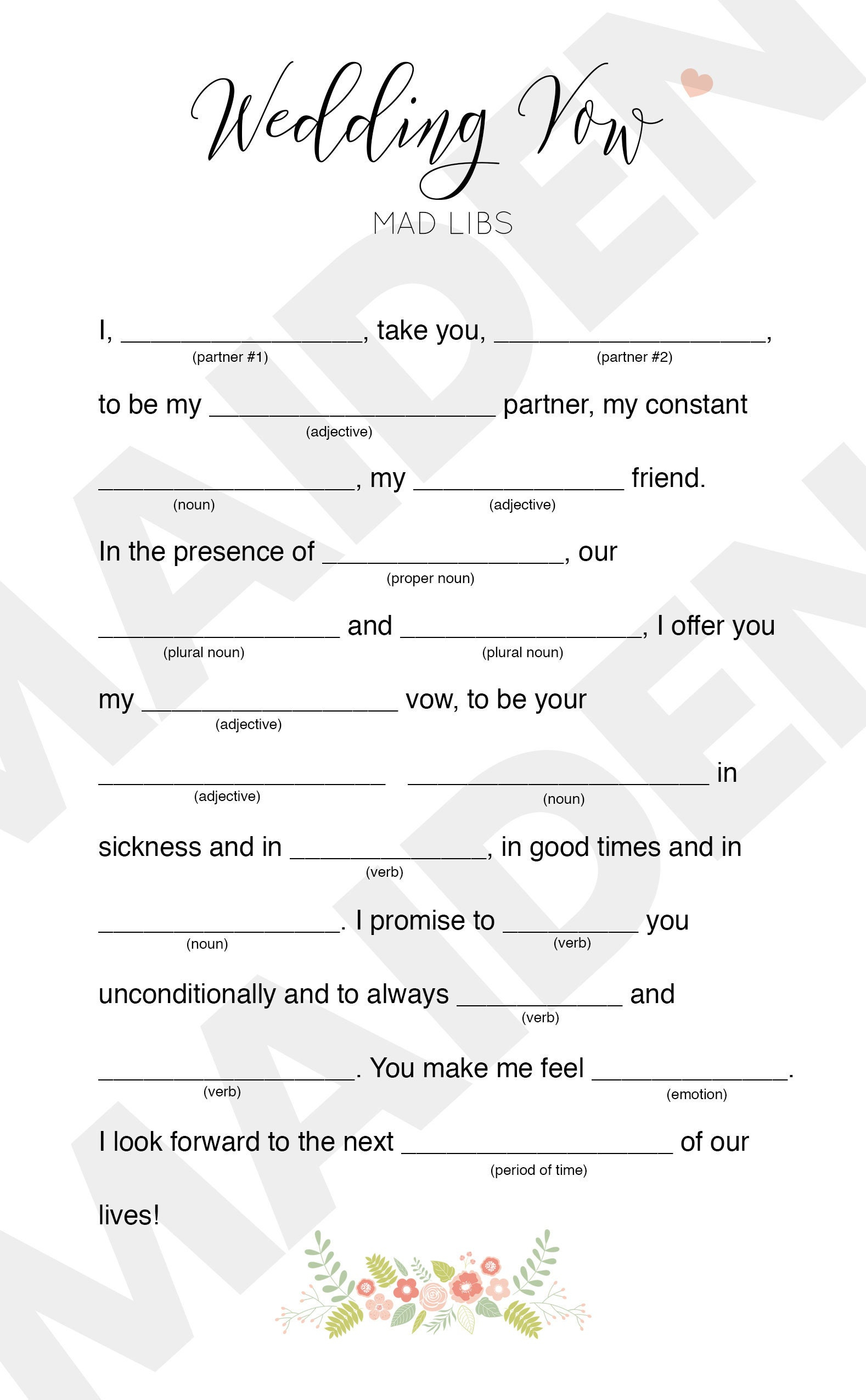 Wedding Vow Mad Libs Printable Digital File For Bridal Shower within Wedding Vow Mad Libs Free Printable