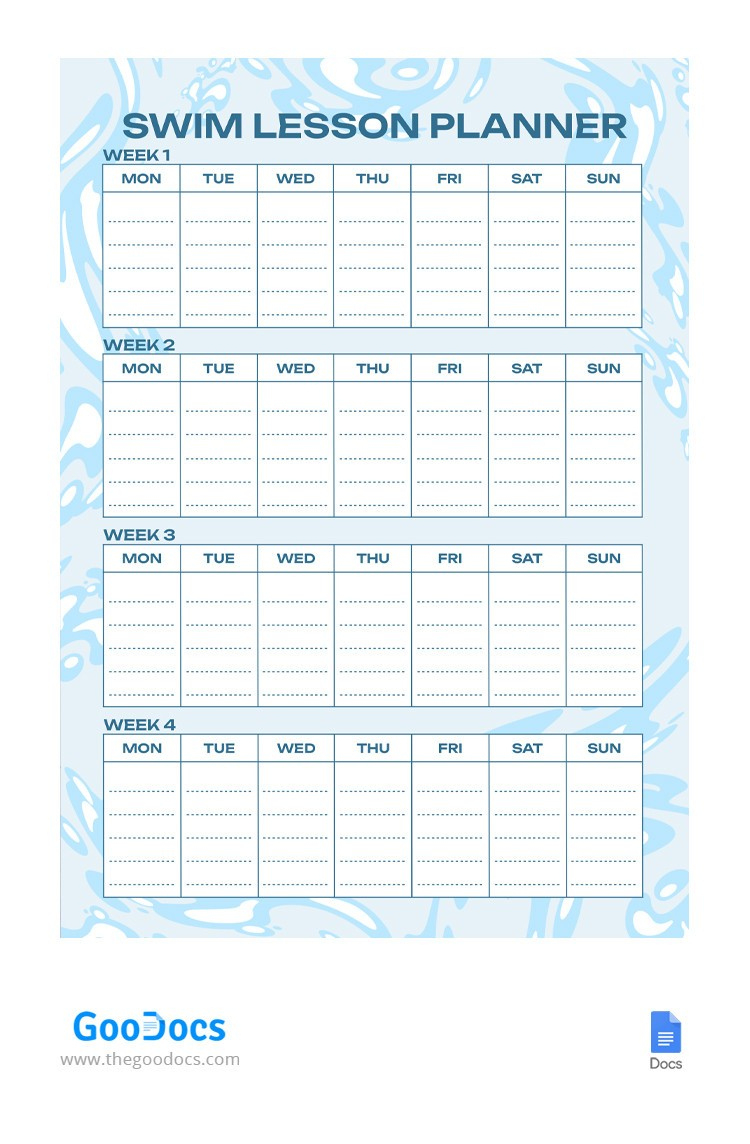 Weekly Swim Lesson Planner Template | Thegoodocs pertaining to Printable Swimming Lesson Plan Template
