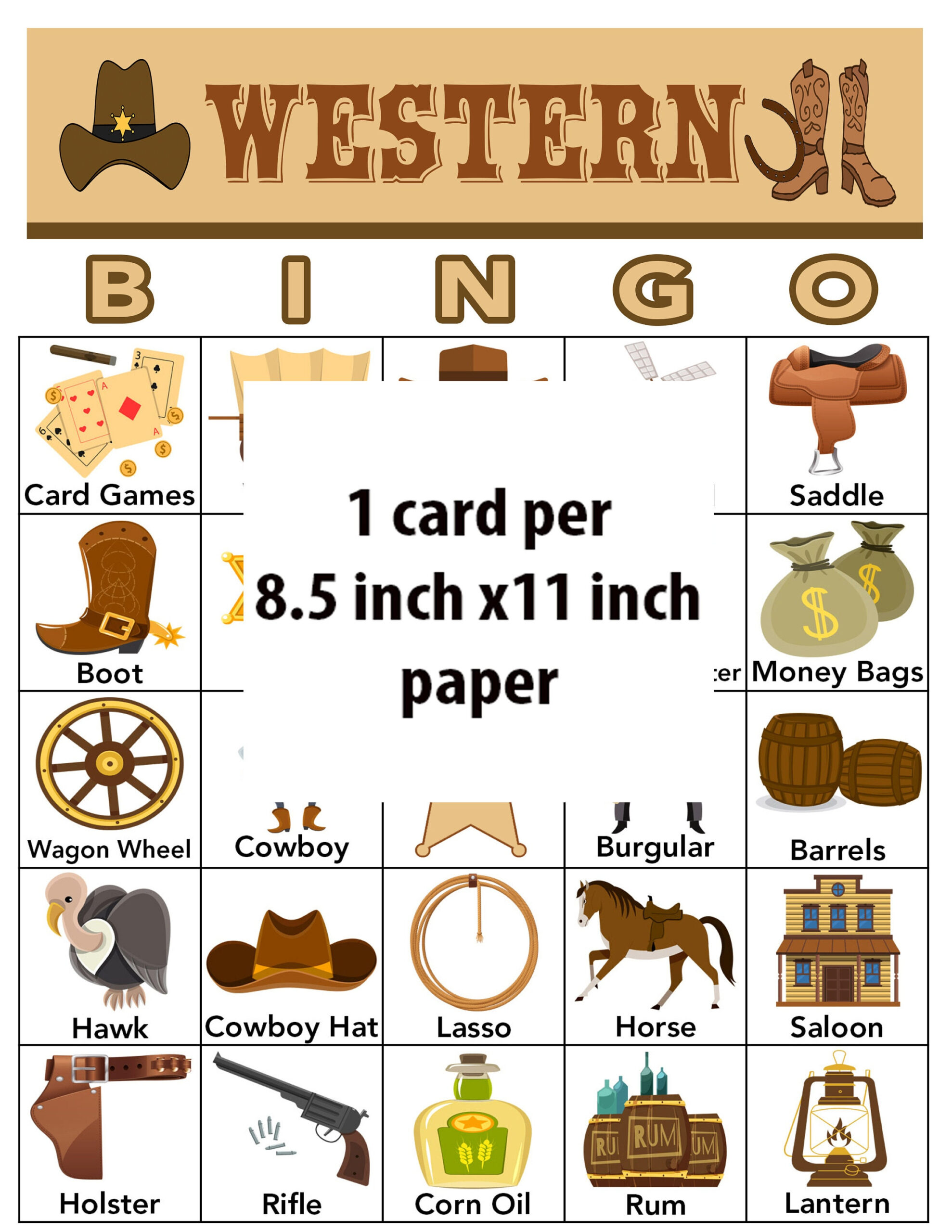 Wild West, Western, Bingo Printable Pdfs, Digital Download, Call within Cowboy Bingo Printable Cards Free