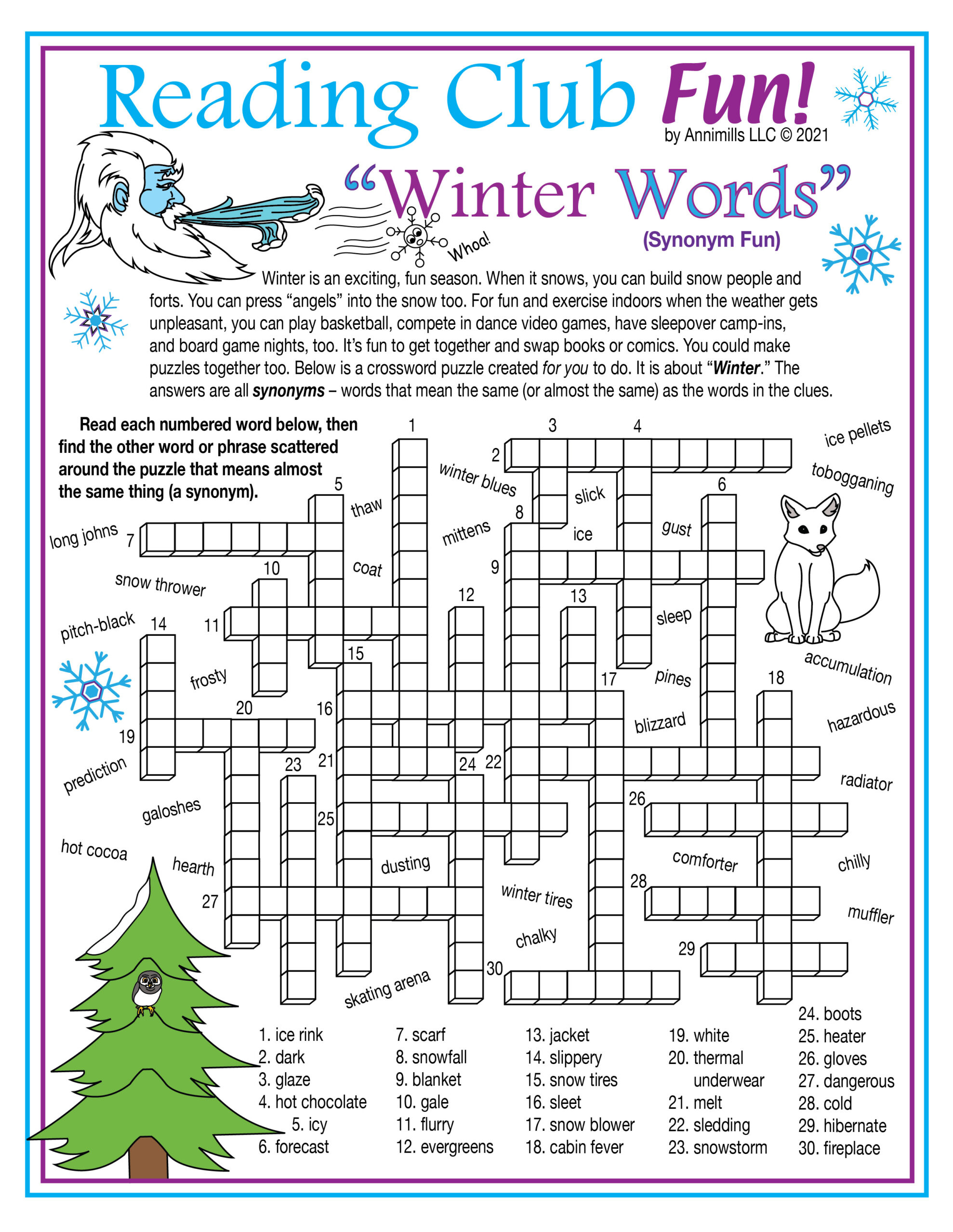 Winter Vocabulary - Synonyms - Printable Crossword Puzzle &amp;amp; Word throughout Winter Crossword Puzzles Printable