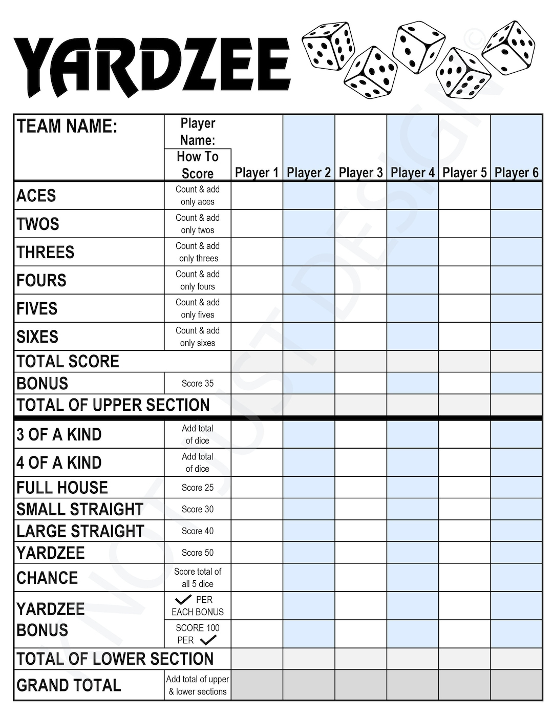 Yardzee Digital Score Card &amp;amp; Rules. Printable, Instant Download pertaining to Yardzee Rules Free Printable
