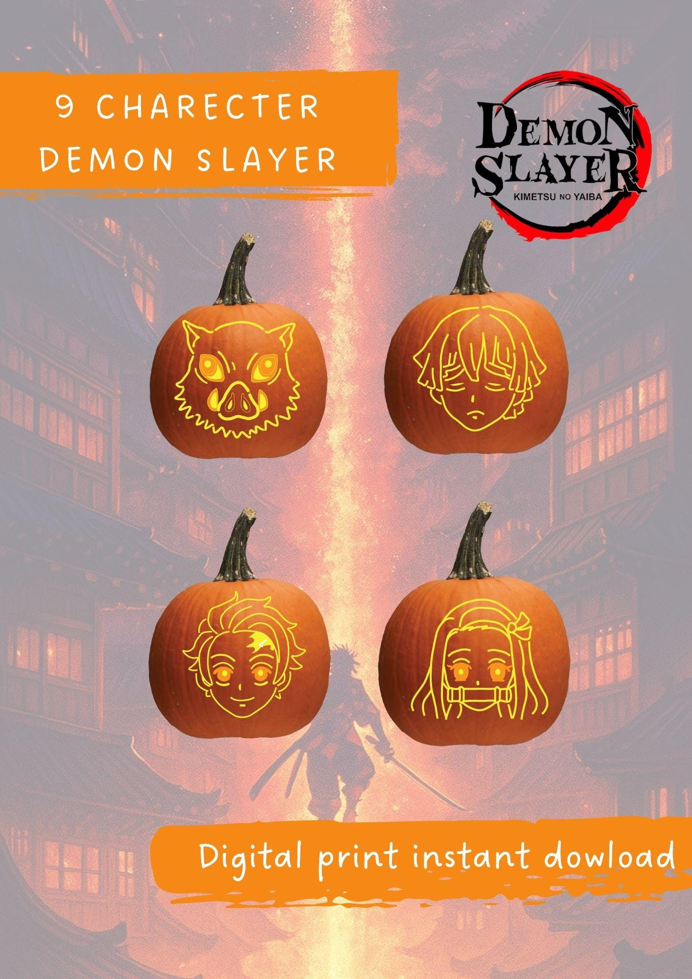 Demon Slayer Pumpkin Stencil Set | 9 Character Carving Templates regarding Demon Slayer Pumpkin Stencil Printable