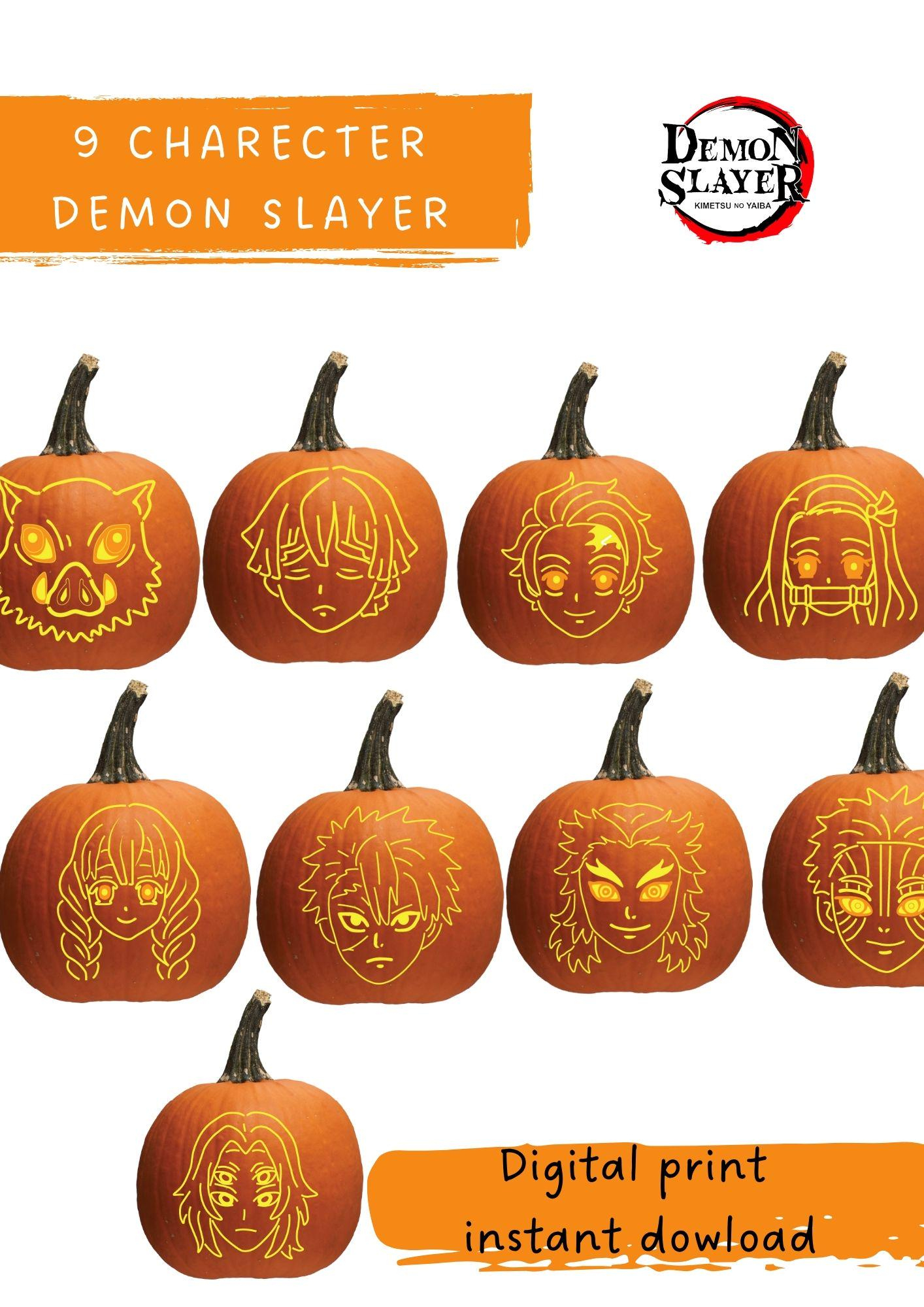 Demon Slayer Pumpkin Stencil Set | 9 Character Carving Templates throughout Demon Slayer Pumpkin Stencil Printable