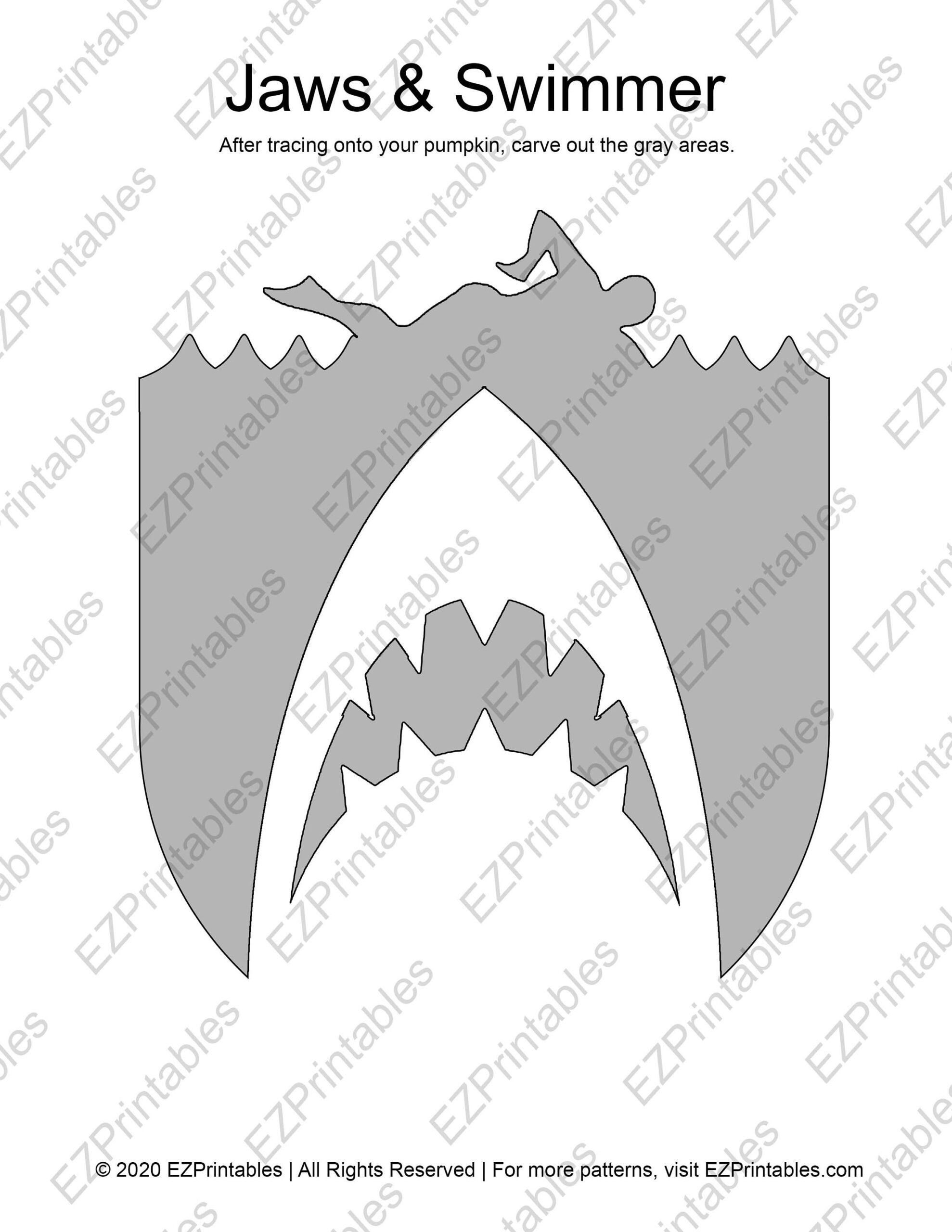 Printable Pumpkin Stencil For Carving - Jaws Shark And Swimmer for Printable Shark Pumpkin Stencil
