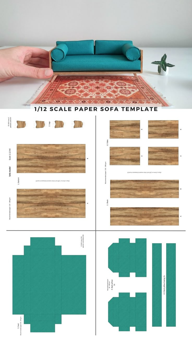 1/12 Scale Printable Paper Sofa Template For Dollhouses for Free Printable Dollhouse Furniture Templates