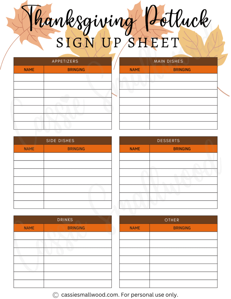 10 Cute Thanksgiving Potluck Sign Up Sheets - Cassie Smallwood inside Printable Thanksgiving Potluck Sign Up