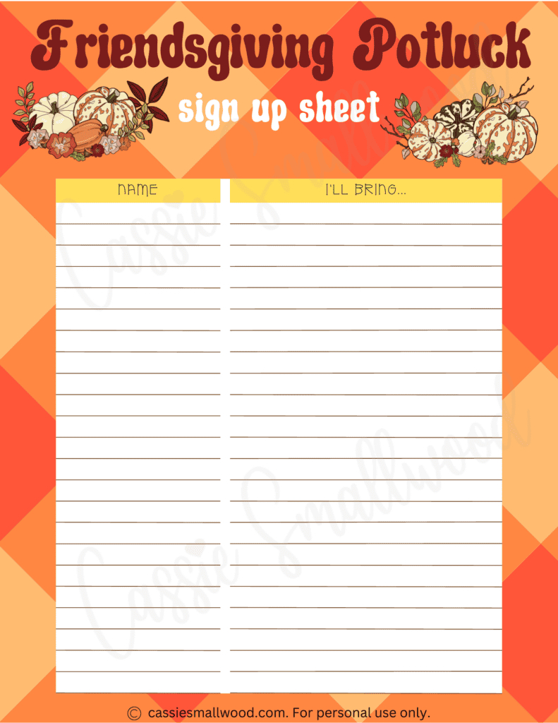 10 Cute Thanksgiving Potluck Sign Up Sheets - Cassie Smallwood with regard to Thanksgiving Potluck Sign Up Sheet Printable Free Download