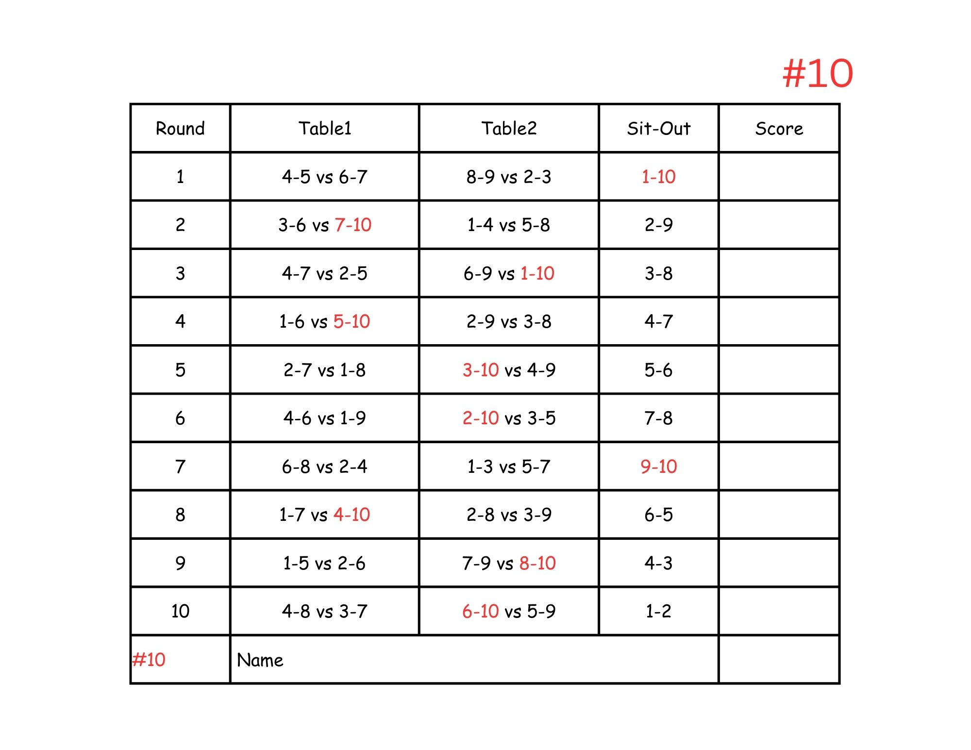10 Person Euchre Tournament Rotation Score Card pertaining to Euchre Score Cards Free Printable