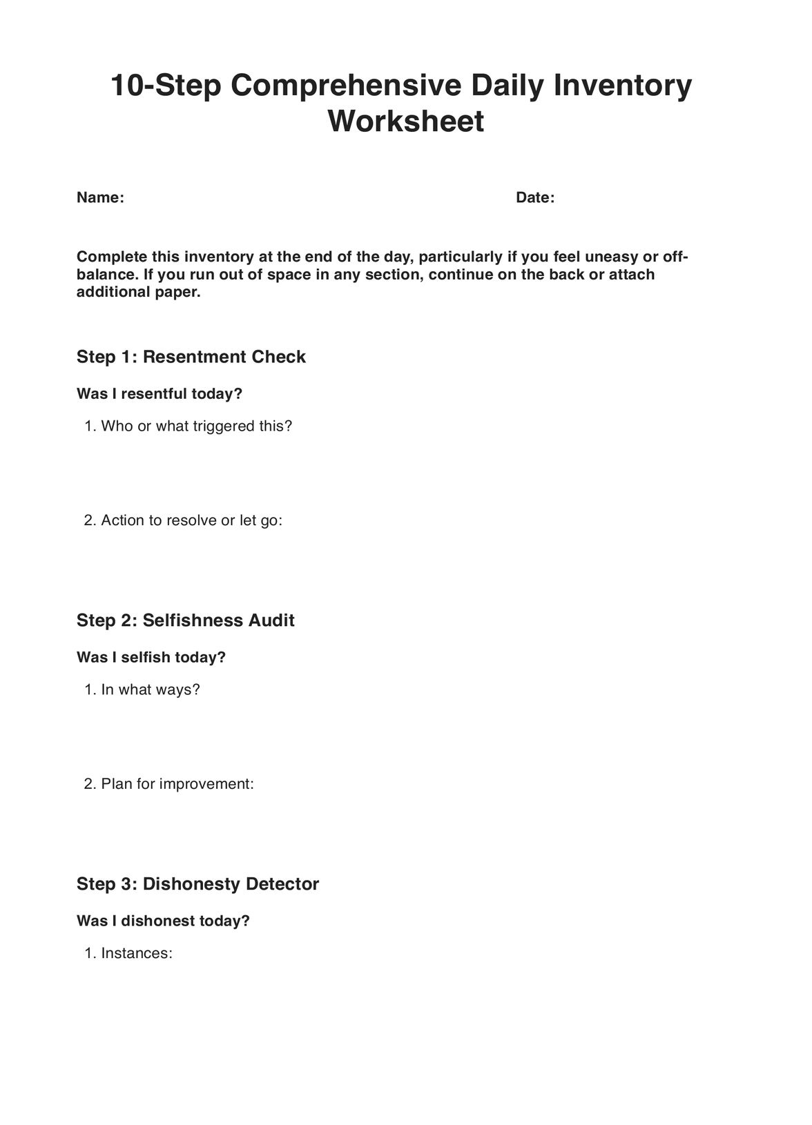 10-Step Inventory Worksheets with regard to Printable 10Th Step Inventory Worksheet