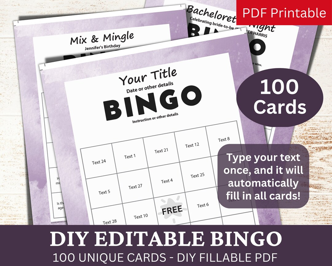 100 Editable Bingo Watercolor Purple Template Pdf, Diy Fillable in Sssniperwolf Bingo Card Generator