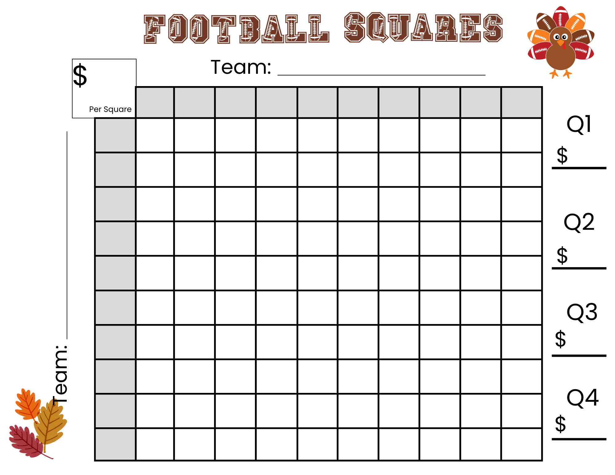 100 Thanksgiving Football Squares Game Printable intended for Thanksgiving Football Squares Printable