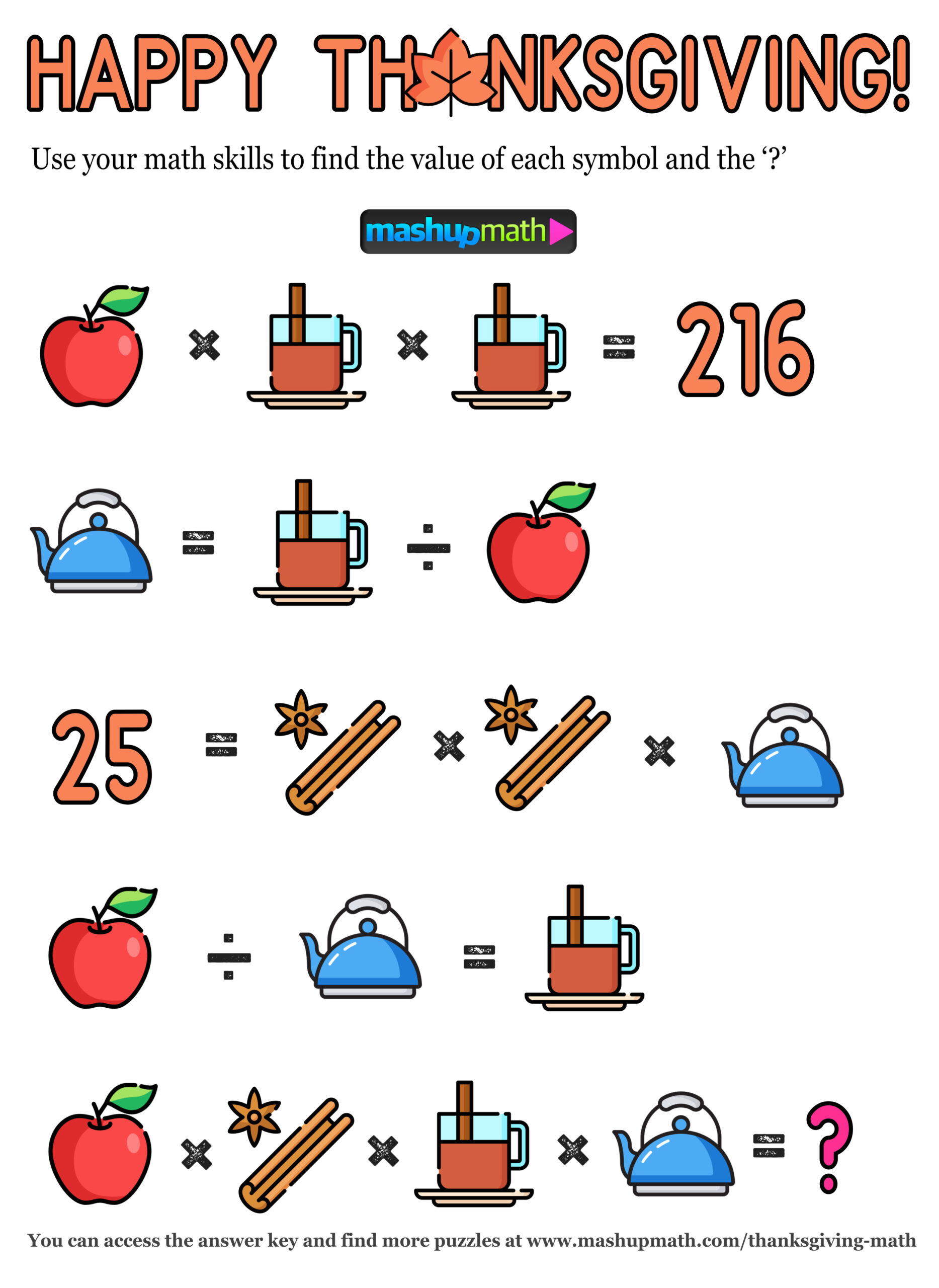 12 Thanksgiving Math Activities For Grades 1-8 — Mashup Math with regard to Algebra 2 Thanksgiving Worksheets
