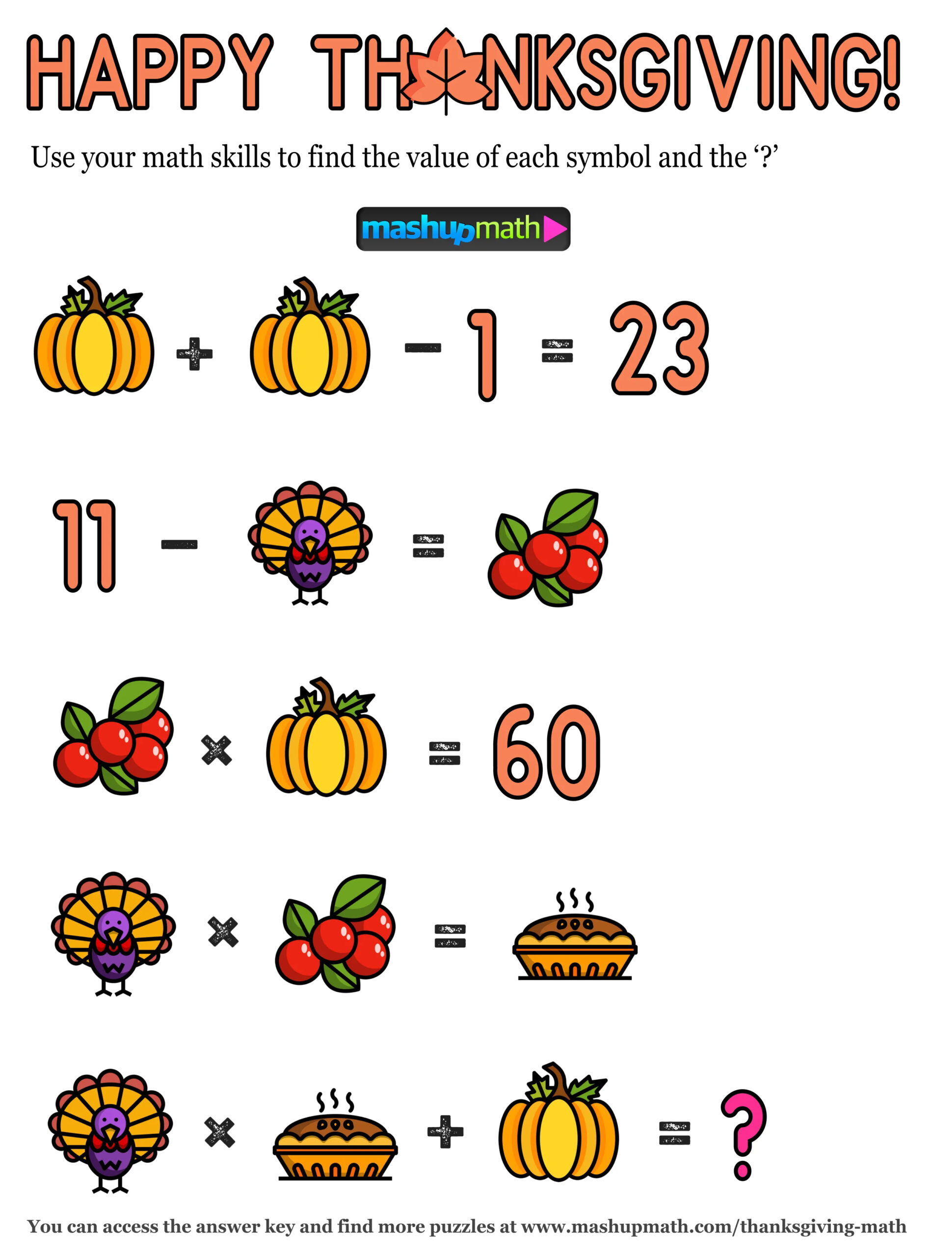 12 Thanksgiving Math Activities For Grades 1-8 — Mashup Math within Thanksgiving Algebra Worksheets Free
