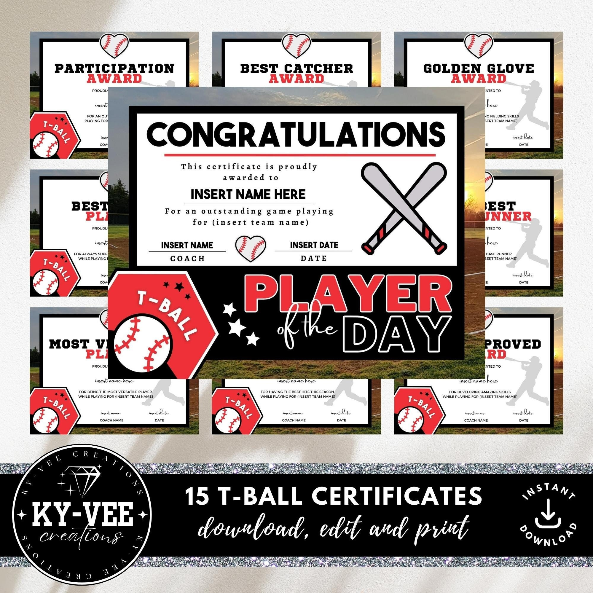 15 T Ball Certificate Templates, Instant Download, Editable T-Ball intended for Tball Certificates Free Printable