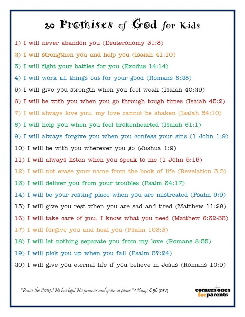 20 Promises Of God For Kids | Cornerstones For Parents within Printable 7 Promises of God