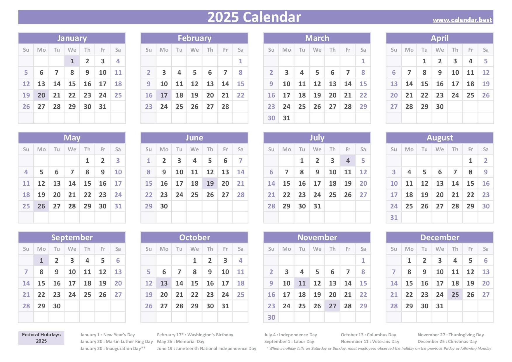 2025 Calendar With Holidays (Us Federal Holidays) for Free Printable 2025 Calendar With Federal Holidays