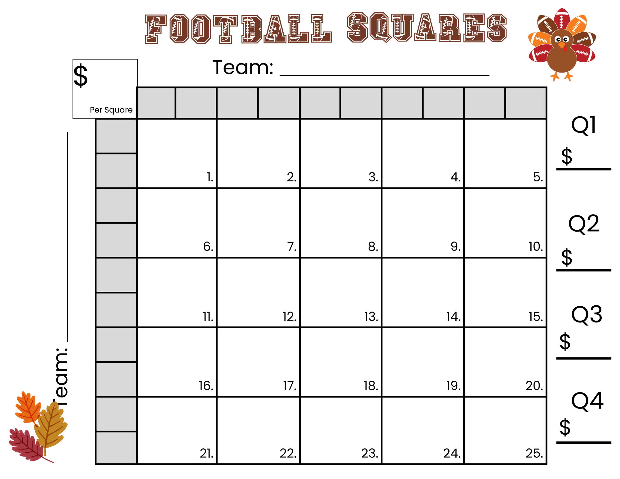 25 Thanksgiving Football Squares Game Printable (Instant Download) in Thanksgiving Football Squares Printable