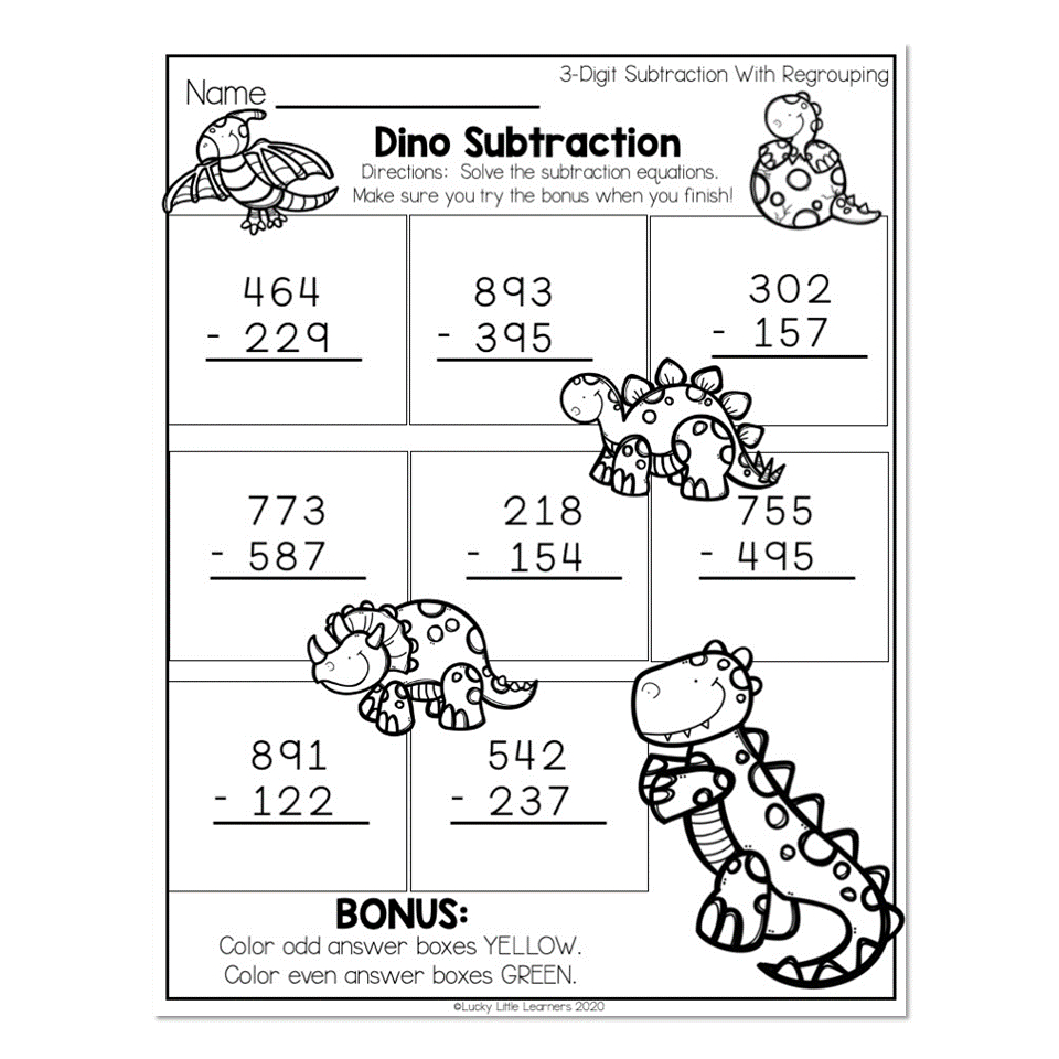 2Nd Grade Math Worksheets - Place Value - 3-Digit Subtraction With with Dinosaur Subtract and Match Worksheet