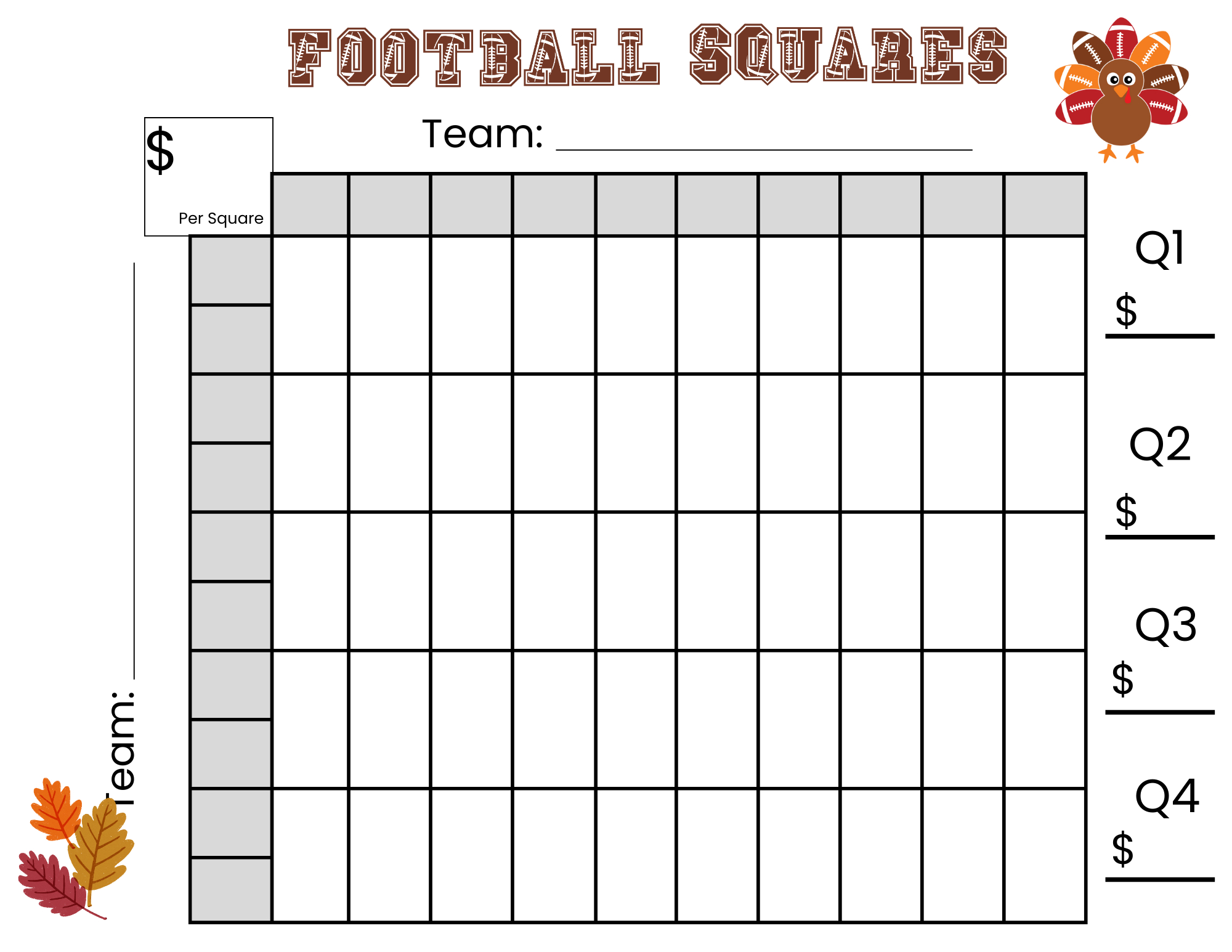 50 Thanksgiving Football Squares Game Printable (Instant Download) in Thanksgiving Football Pool Printable