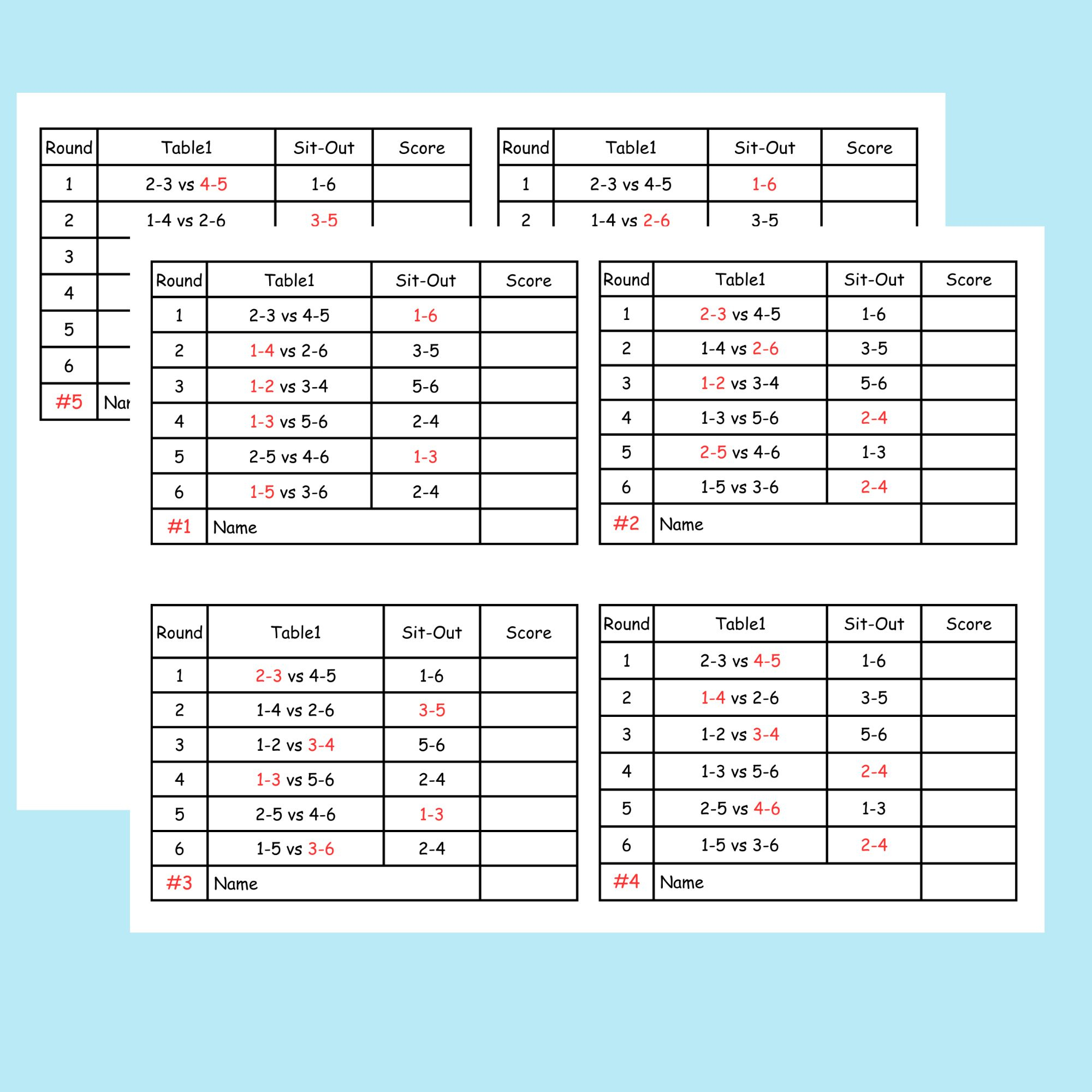 6 Person Euchre Tournament Rotation Score Sheet with regard to Euchre Score Cards Free Printable