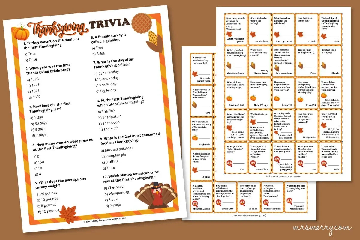 60 Thanksgiving Trivia Questions And Answers Printable | Mrs. Merry for Thanksgiving Day Quiz Printables