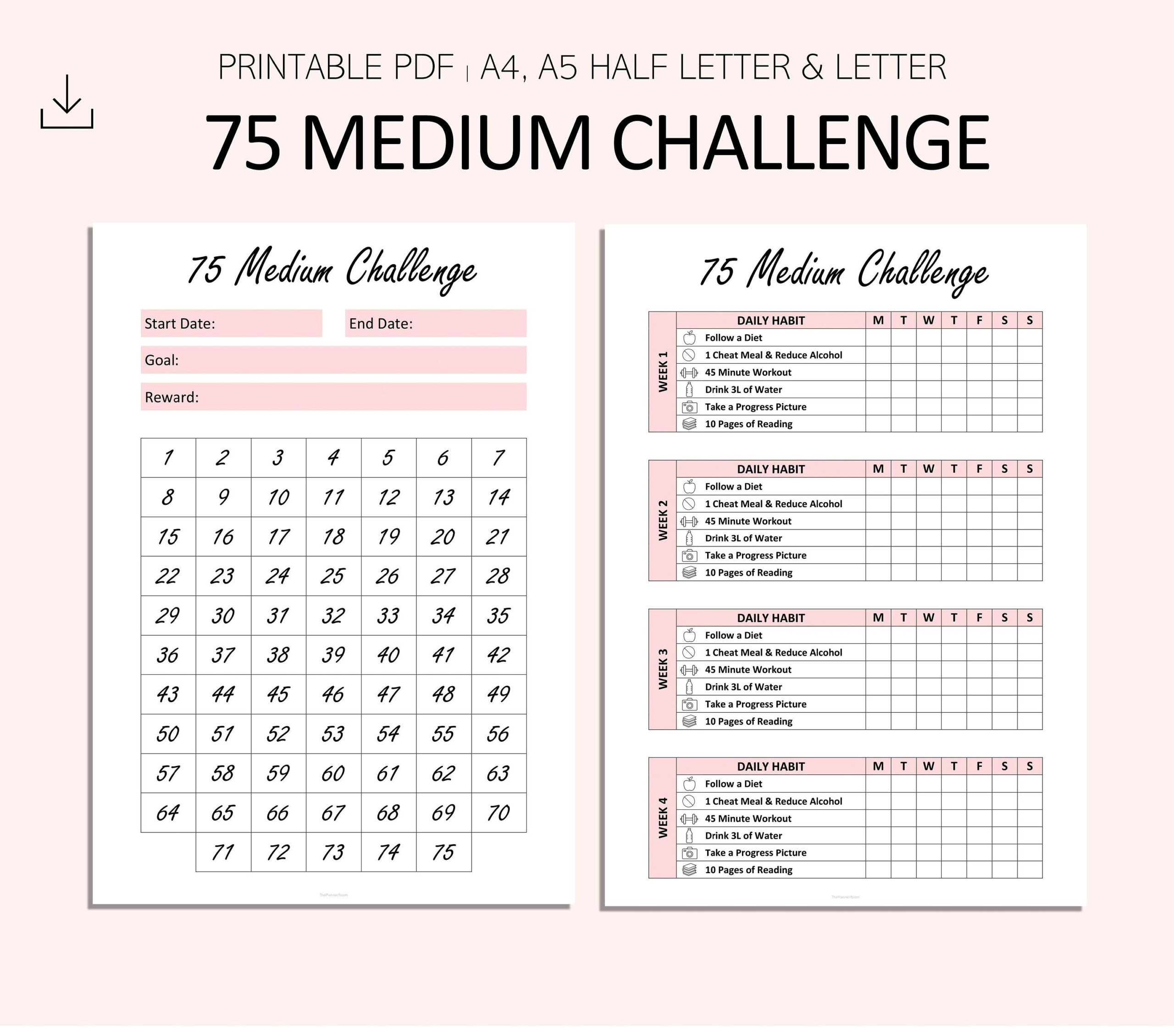 75 Medium Challenge Tracker - 75 Challenge Printable - Pdf - A4 inside 75 Medium Challenge Printable Free