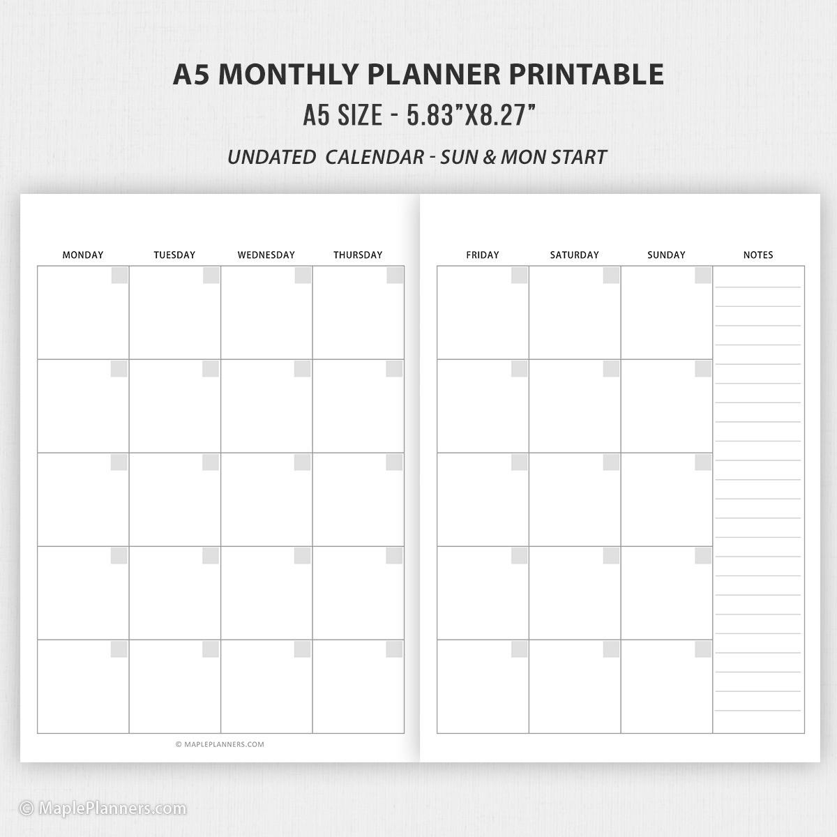 A5 Planner Printable Inserts | A5 Weekly And Monthly Planner pertaining to Free Planner Printables A5