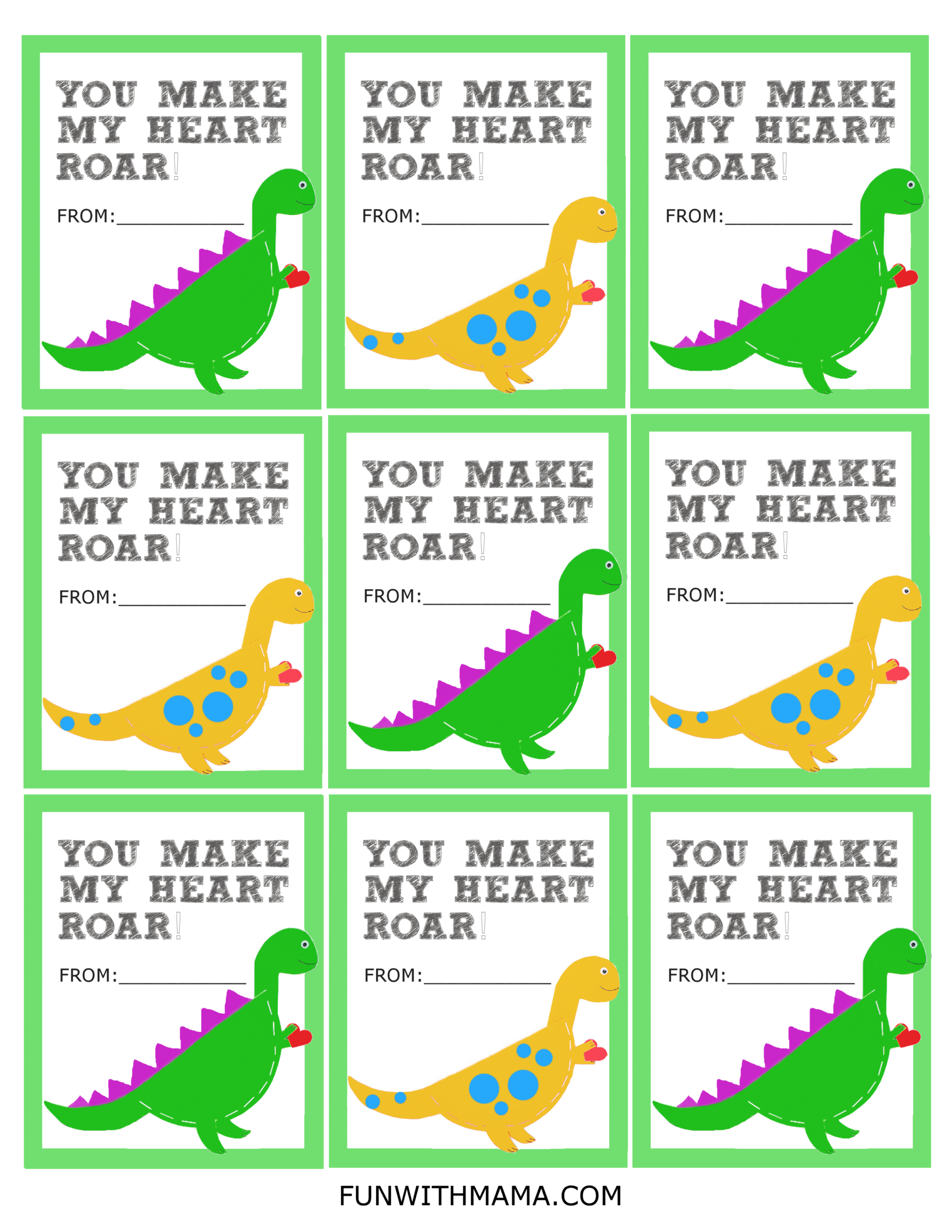 Adorable Printable Dinosaur Valentine Cards - Fun With Mama for Free Printable Dinosaur Valentine Cards