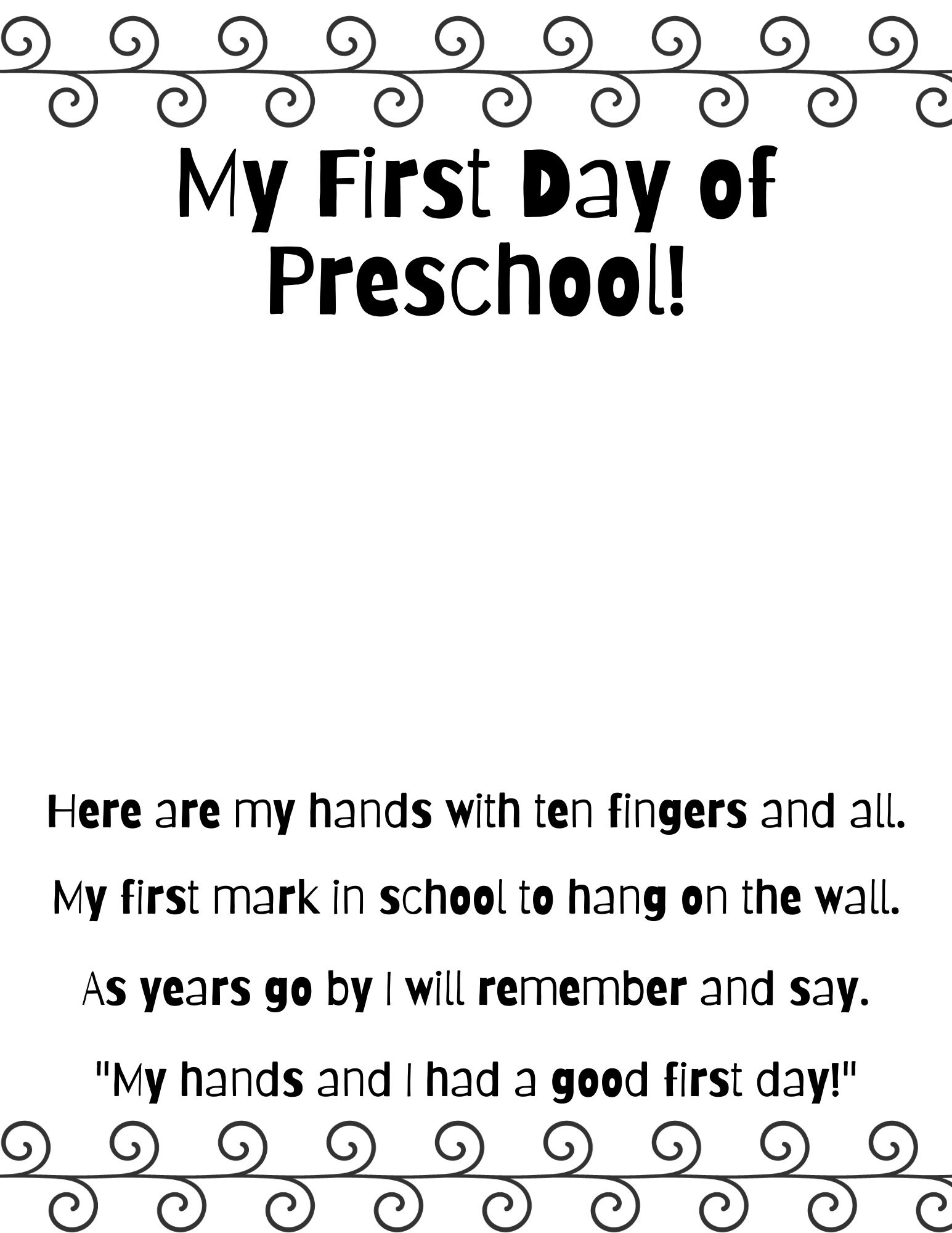 All About Me Preschool Worksheet, First Day Of Preschool Handprint inside Free Printable First Day of Preschool Handprint Poem